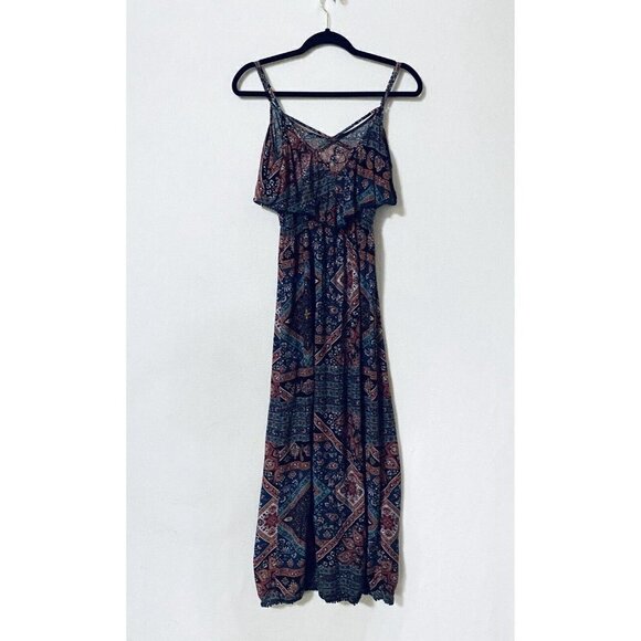 American Eagle Womens XS Boho Maxi Dress Ruffle Front Crochet Trim Front Slits - Picture 4 of 8